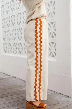 Fashion Dear-Lover Colorblock Ric Rac Trim Sleeve Top and Wide Leg Pants Set White