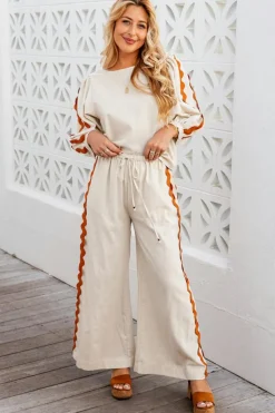 Fashion Dear-Lover Colorblock Ric Rac Trim Sleeve Top and Wide Leg Pants Set White