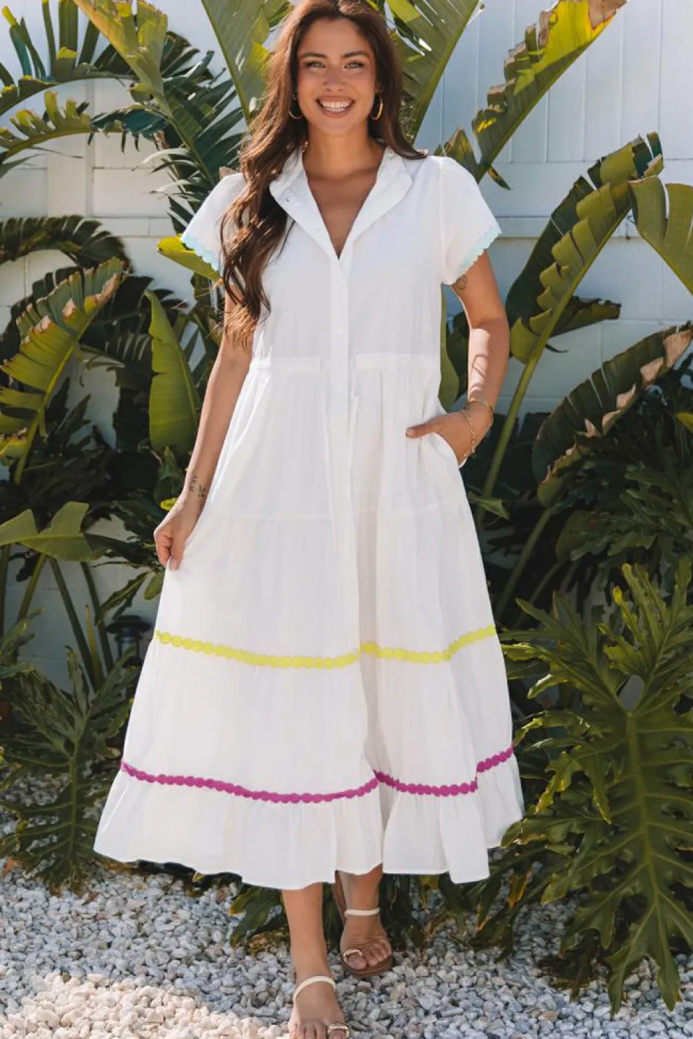 New Dear-Lover Colorblock Rickrack Trim Short Sleeve Drawstring Waist Long Dress White