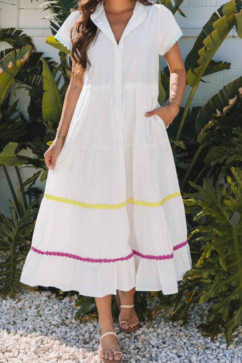 New Dear-Lover Colorblock Rickrack Trim Short Sleeve Drawstring Waist Long Dress White