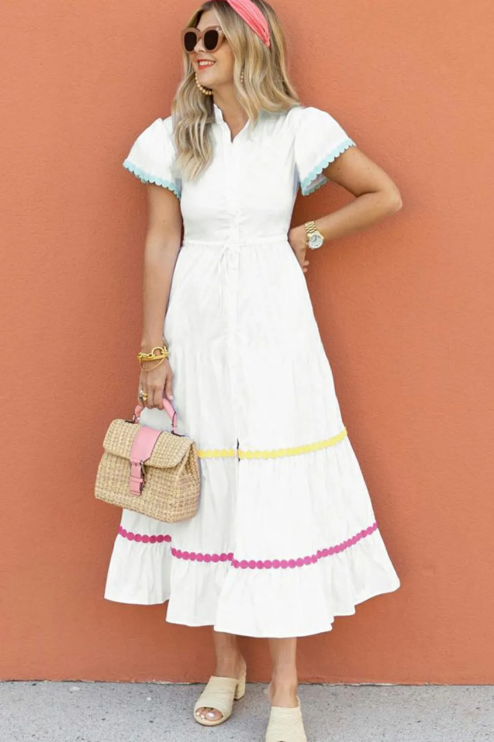 New Dear-Lover Colorblock Rickrack Trim Short Sleeve Drawstring Waist Long Dress White