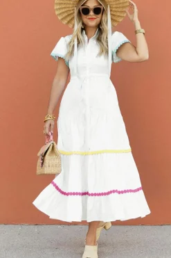 New Dear-Lover Colorblock Rickrack Trim Short Sleeve Drawstring Waist Long Dress White
