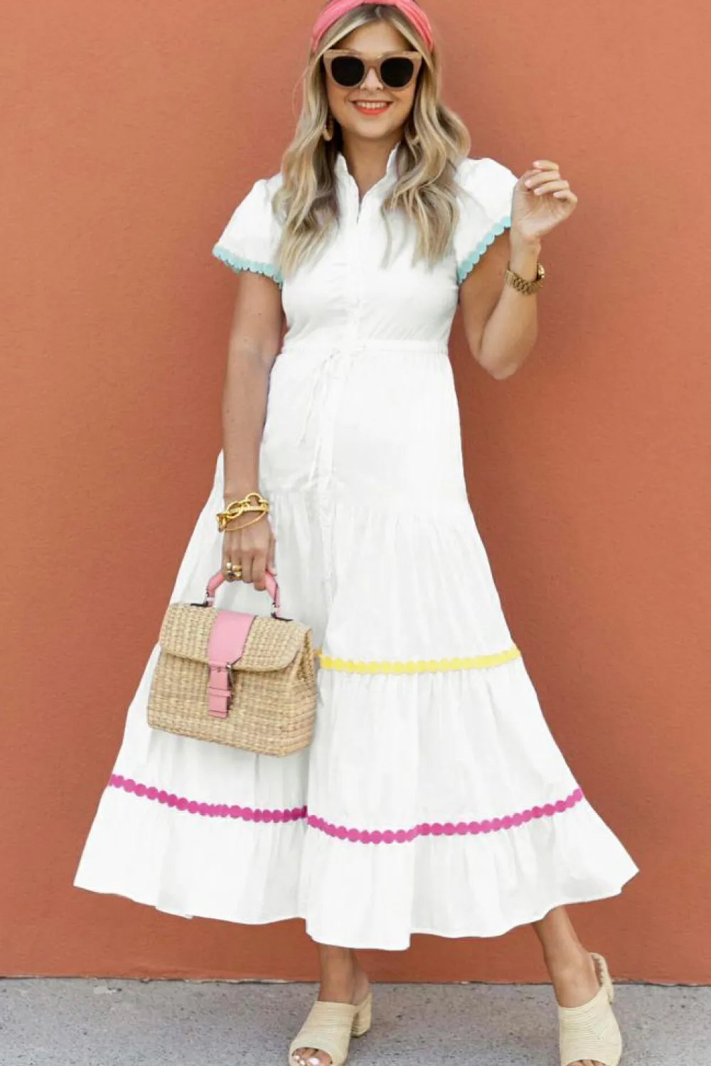 New Dear-Lover Colorblock Rickrack Trim Short Sleeve Drawstring Waist Long Dress White