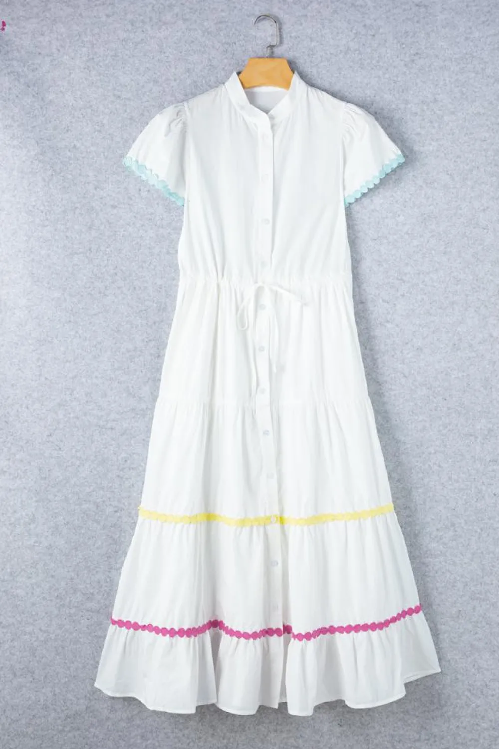 New Dear-Lover Colorblock Rickrack Trim Short Sleeve Drawstring Waist Long Dress White