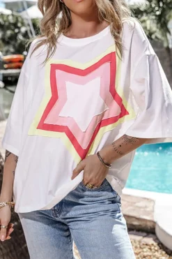 Sale Dear-Lover Colorblock Star Patched Half Sleeve Oversized Tee White