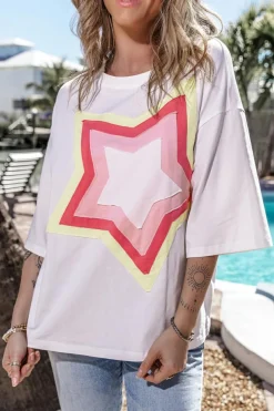 Sale Dear-Lover Colorblock Star Patched Half Sleeve Oversized Tee White