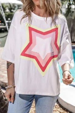 Sale Dear-Lover Colorblock Star Patched Half Sleeve Oversized Tee White
