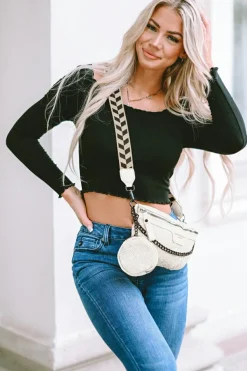 Fashion Dear-Lover Colorblock Strap Chain Shoulder Bag With Coin Purse White