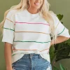 Best Dear-Lover Colorblock Striped Half Sleeve Drop Shoulder Sweater White