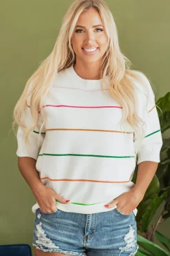 Best Dear-Lover Colorblock Striped Half Sleeve Drop Shoulder Sweater White