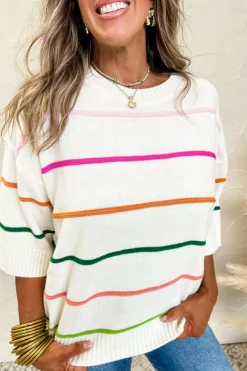 Best Dear-Lover Colorblock Striped Half Sleeve Drop Shoulder Sweater White