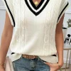 Fashion Dear-Lover Colorblock V Neck Cap Sleeve Cable Knit Sweater White