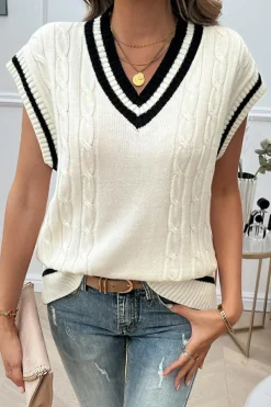 Fashion Dear-Lover Colorblock V Neck Cap Sleeve Cable Knit Sweater White