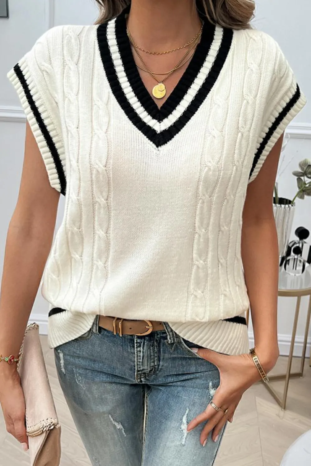 Fashion Dear-Lover Colorblock V Neck Cap Sleeve Cable Knit Sweater White