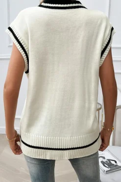 Fashion Dear-Lover Colorblock V Neck Cap Sleeve Cable Knit Sweater White