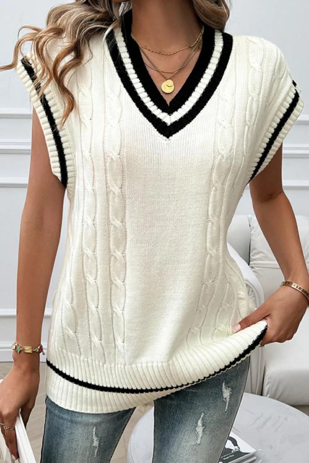 Fashion Dear-Lover Colorblock V Neck Cap Sleeve Cable Knit Sweater White