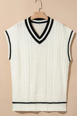 Fashion Dear-Lover Colorblock V Neck Cap Sleeve Cable Knit Sweater White