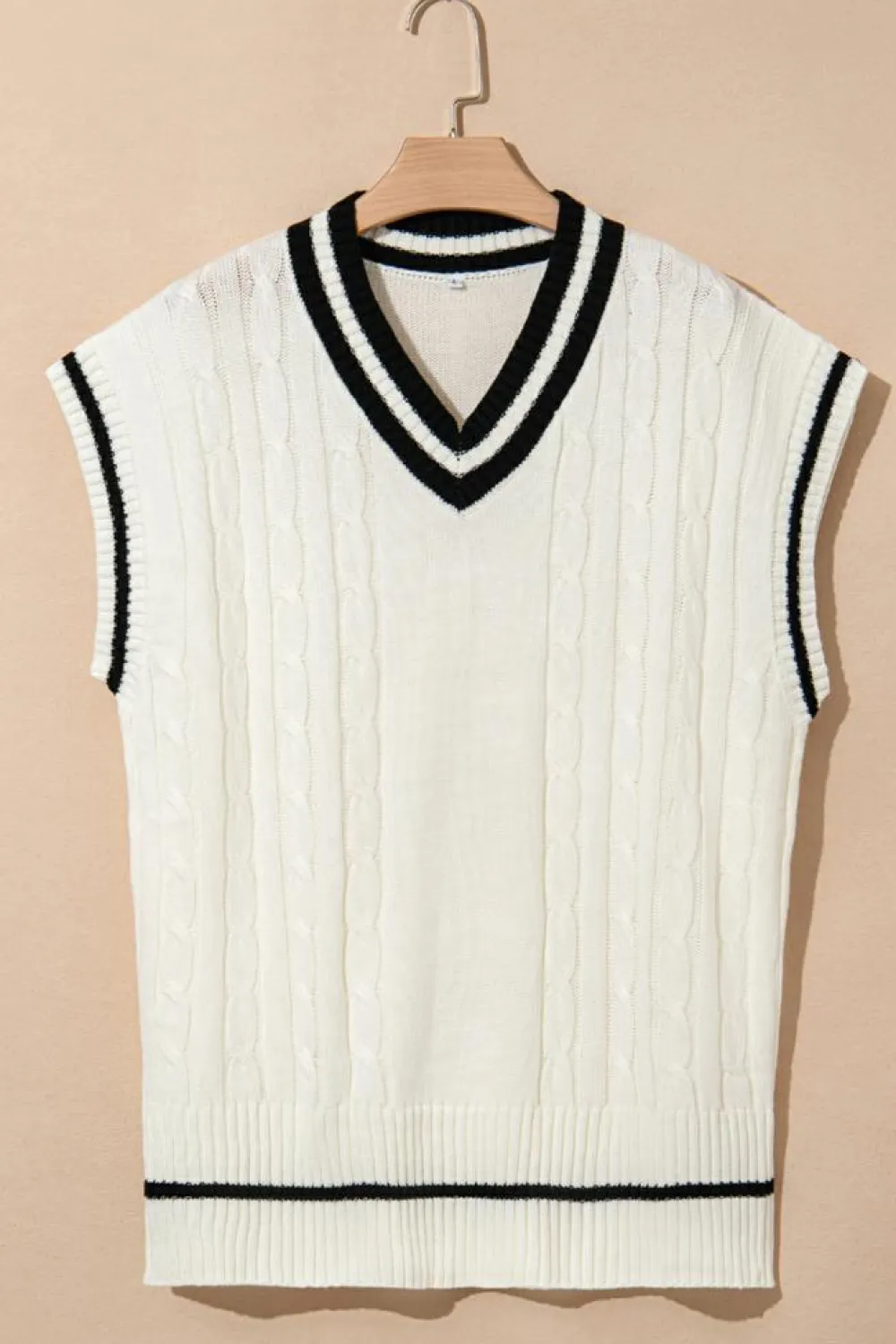 Fashion Dear-Lover Colorblock V Neck Cap Sleeve Cable Knit Sweater White
