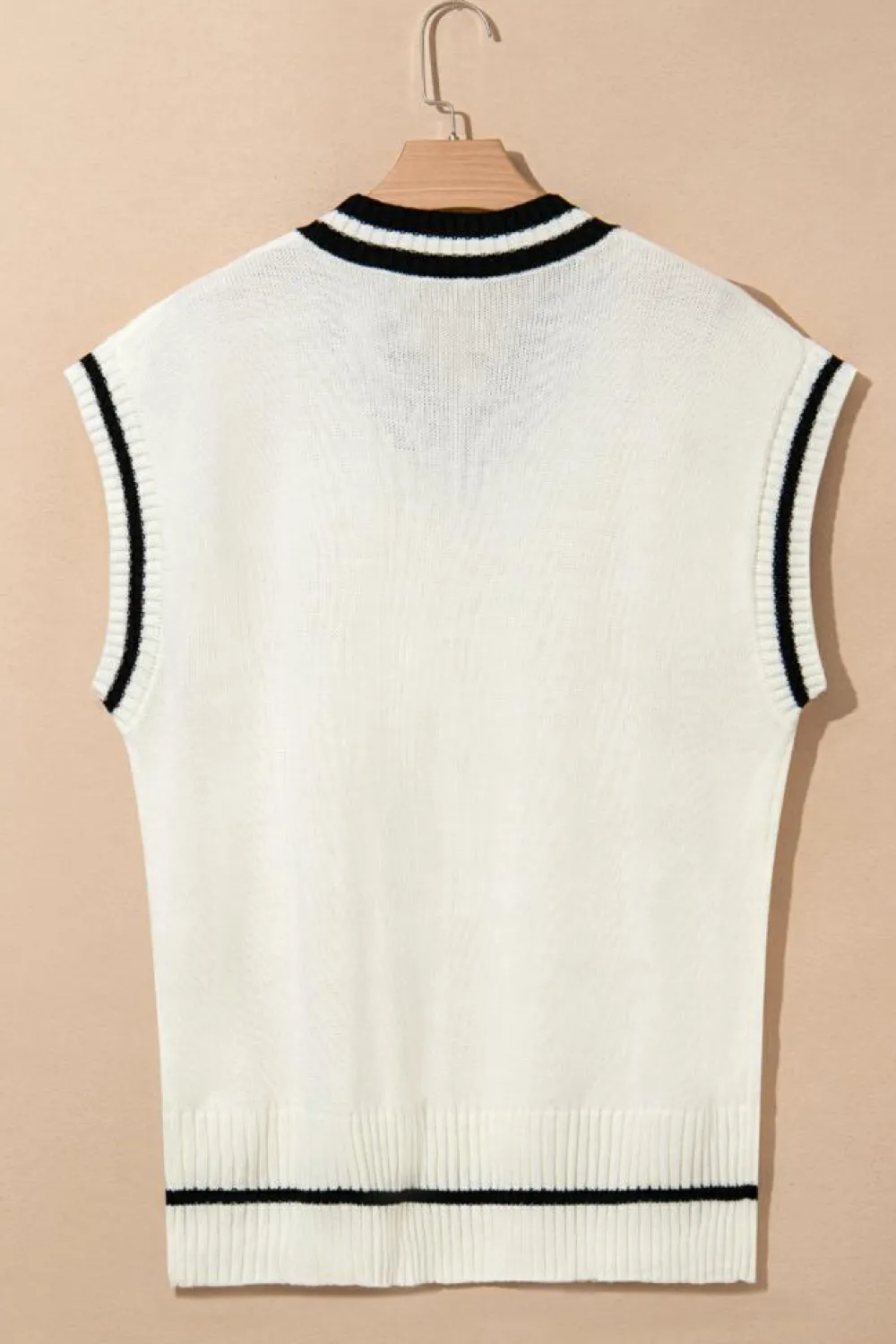 Fashion Dear-Lover Colorblock V Neck Cap Sleeve Cable Knit Sweater White