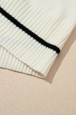 Fashion Dear-Lover Colorblock V Neck Cap Sleeve Cable Knit Sweater White