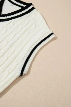 Fashion Dear-Lover Colorblock V Neck Cap Sleeve Cable Knit Sweater White