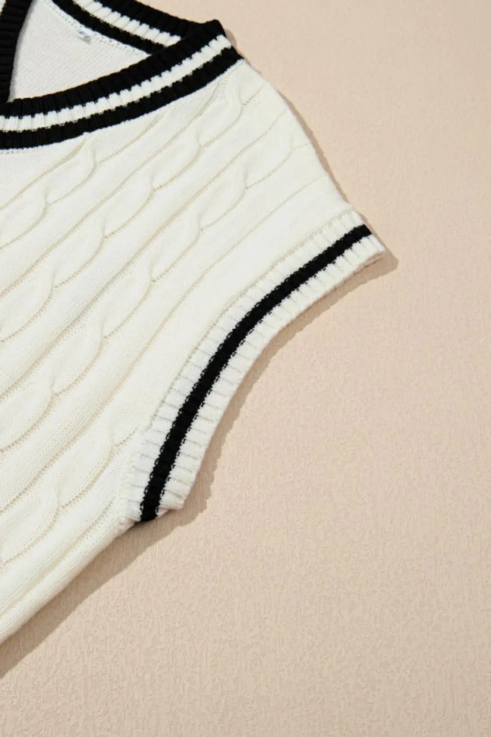 Fashion Dear-Lover Colorblock V Neck Cap Sleeve Cable Knit Sweater White