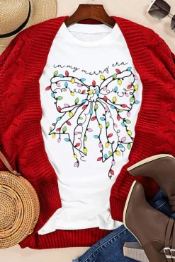 Online Dear-Lover Colored Light Bowknot Graphic Crewneck T Shirt White