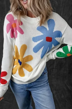 Discount Dear-Lover Colorful Big Flower Pattern Crewneck Sweater White