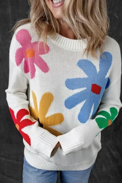 Discount Dear-Lover Colorful Big Flower Pattern Crewneck Sweater White
