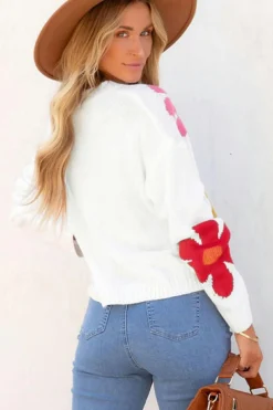 Discount Dear-Lover Colorful Big Flower Pattern Crewneck Sweater White
