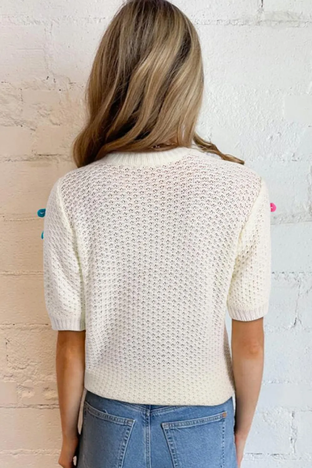 Hot Dear-Lover Colorful Bow Knit Mock Neck Short Sleeve Sweater White