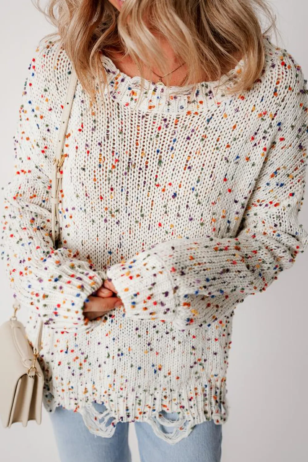 Online Dear-Lover Colorful Confetti Distressed Knit Sweater White