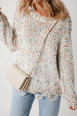 Online Dear-Lover Colorful Confetti Distressed Knit Sweater White