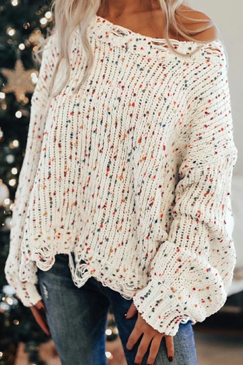 Online Dear-Lover Colorful Confetti Distressed Knit Sweater White