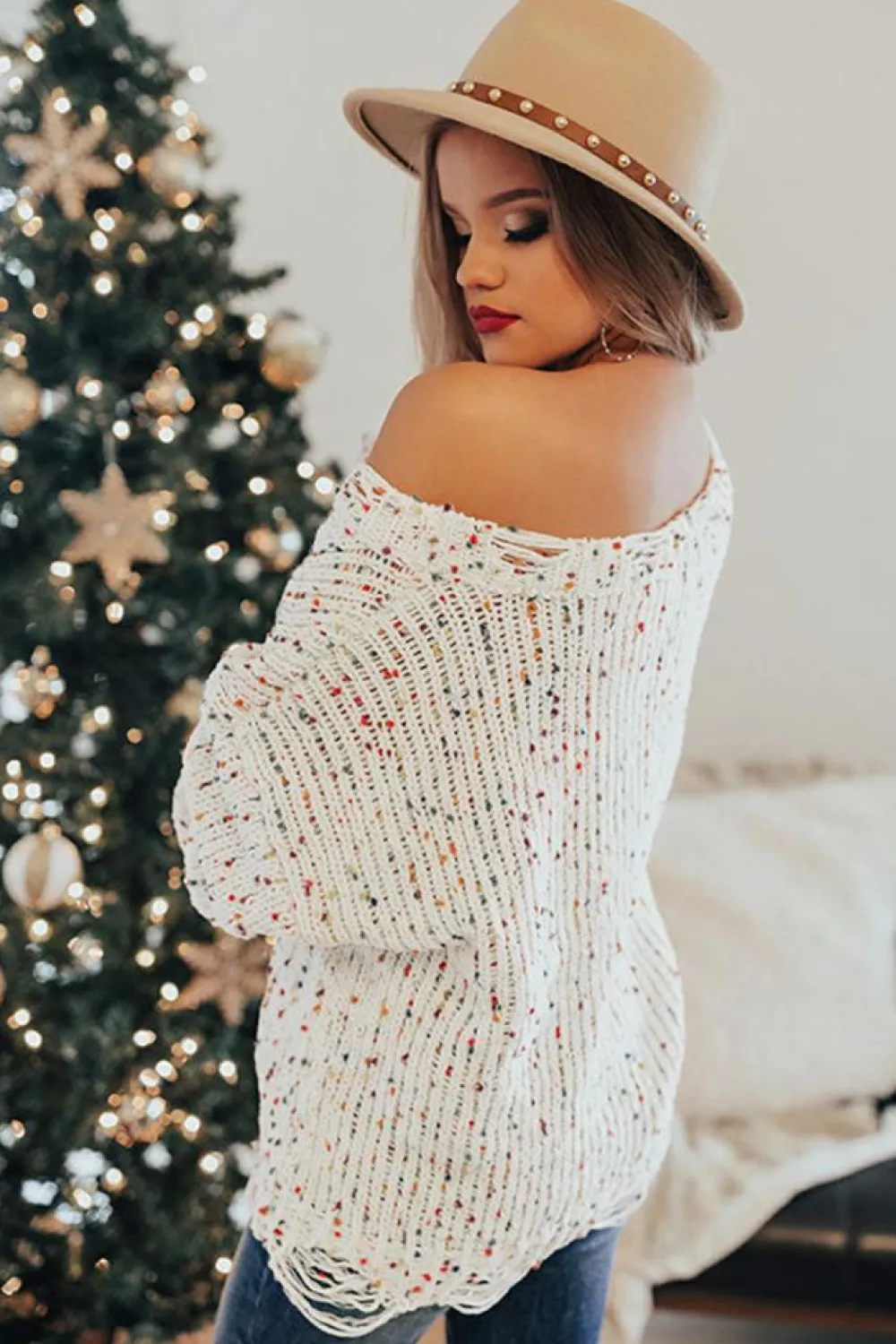 Online Dear-Lover Colorful Confetti Distressed Knit Sweater White