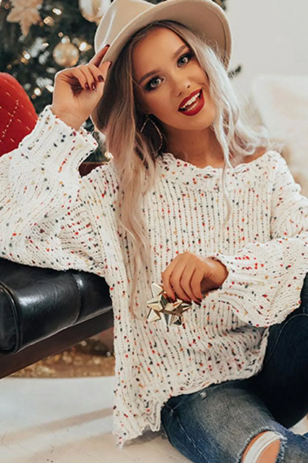 Online Dear-Lover Colorful Confetti Distressed Knit Sweater White