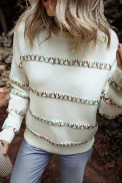 Outlet Dear-Lover Colorful Crossed Stitch Drop Shoulder Sweater White