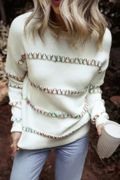 Outlet Dear-Lover Colorful Crossed Stitch Drop Shoulder Sweater White
