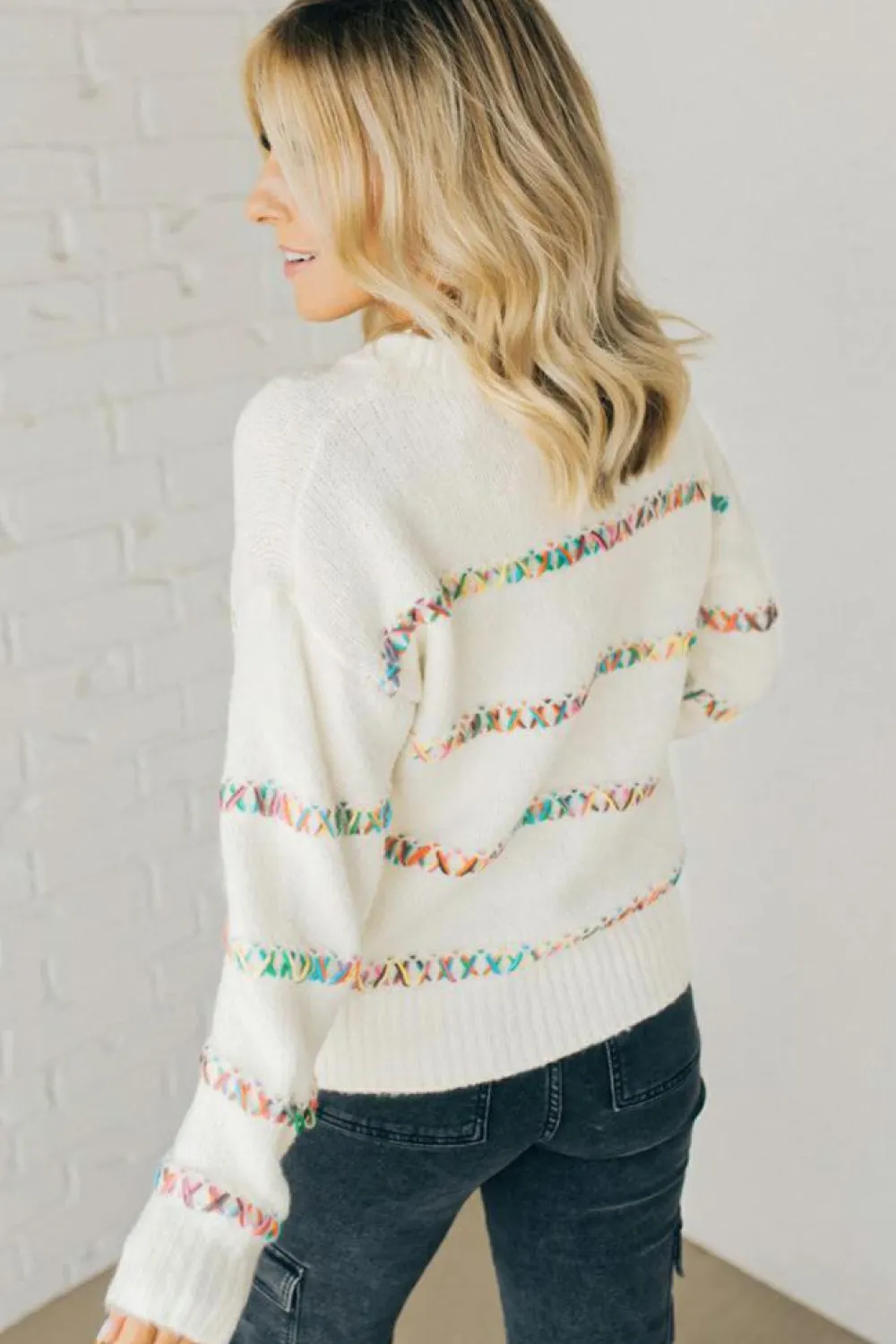 Outlet Dear-Lover Colorful Crossed Stitch Drop Shoulder Sweater White
