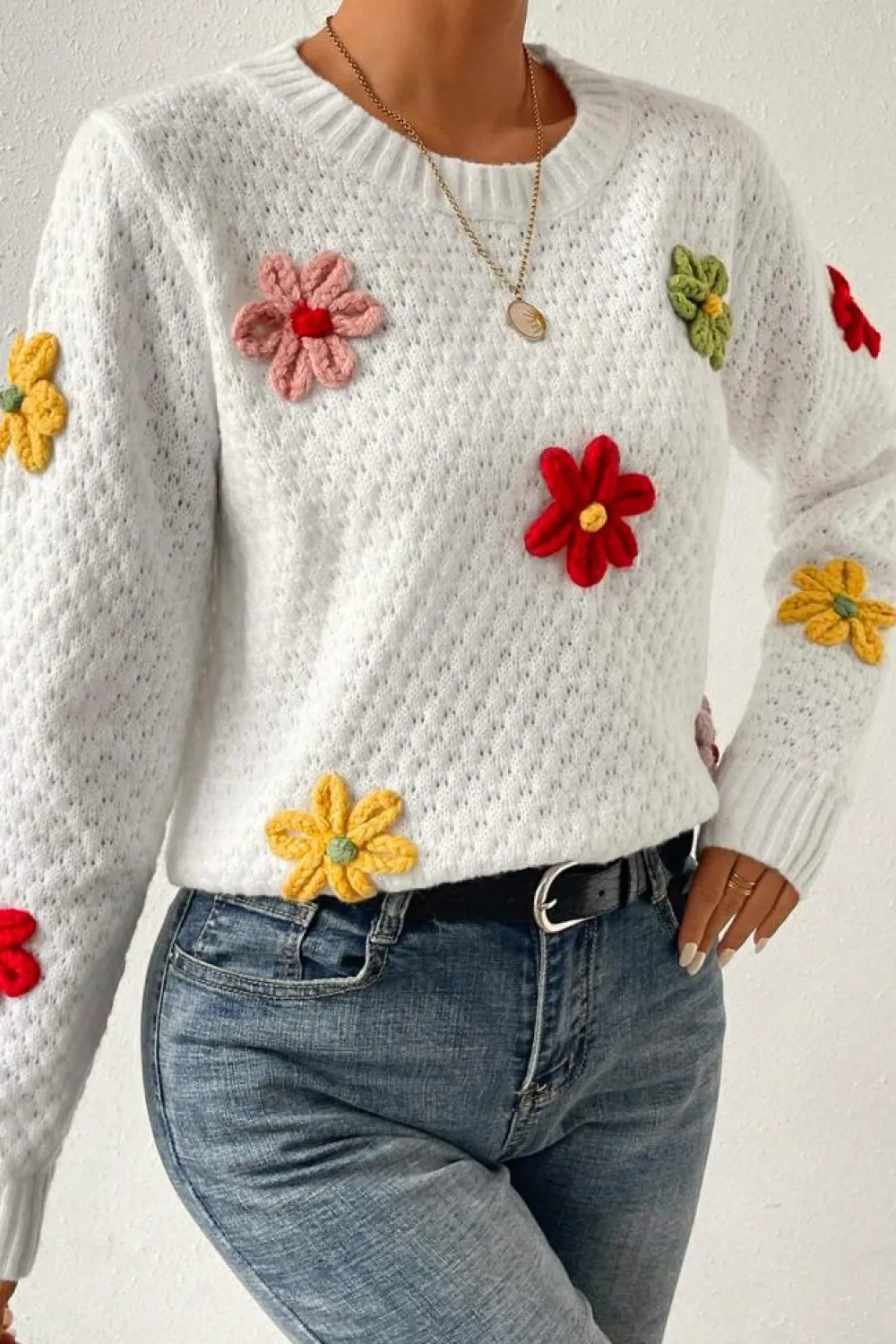 Best Dear-Lover Colorful Flower Applique Textured Knit Sweater White
