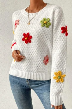Best Dear-Lover Colorful Flower Applique Textured Knit Sweater White