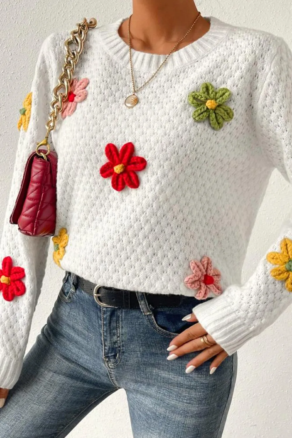 Best Dear-Lover Colorful Flower Applique Textured Knit Sweater White