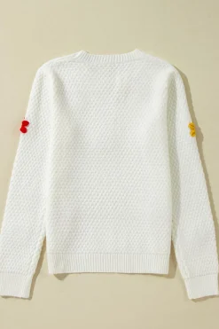 Best Dear-Lover Colorful Flower Applique Textured Knit Sweater White