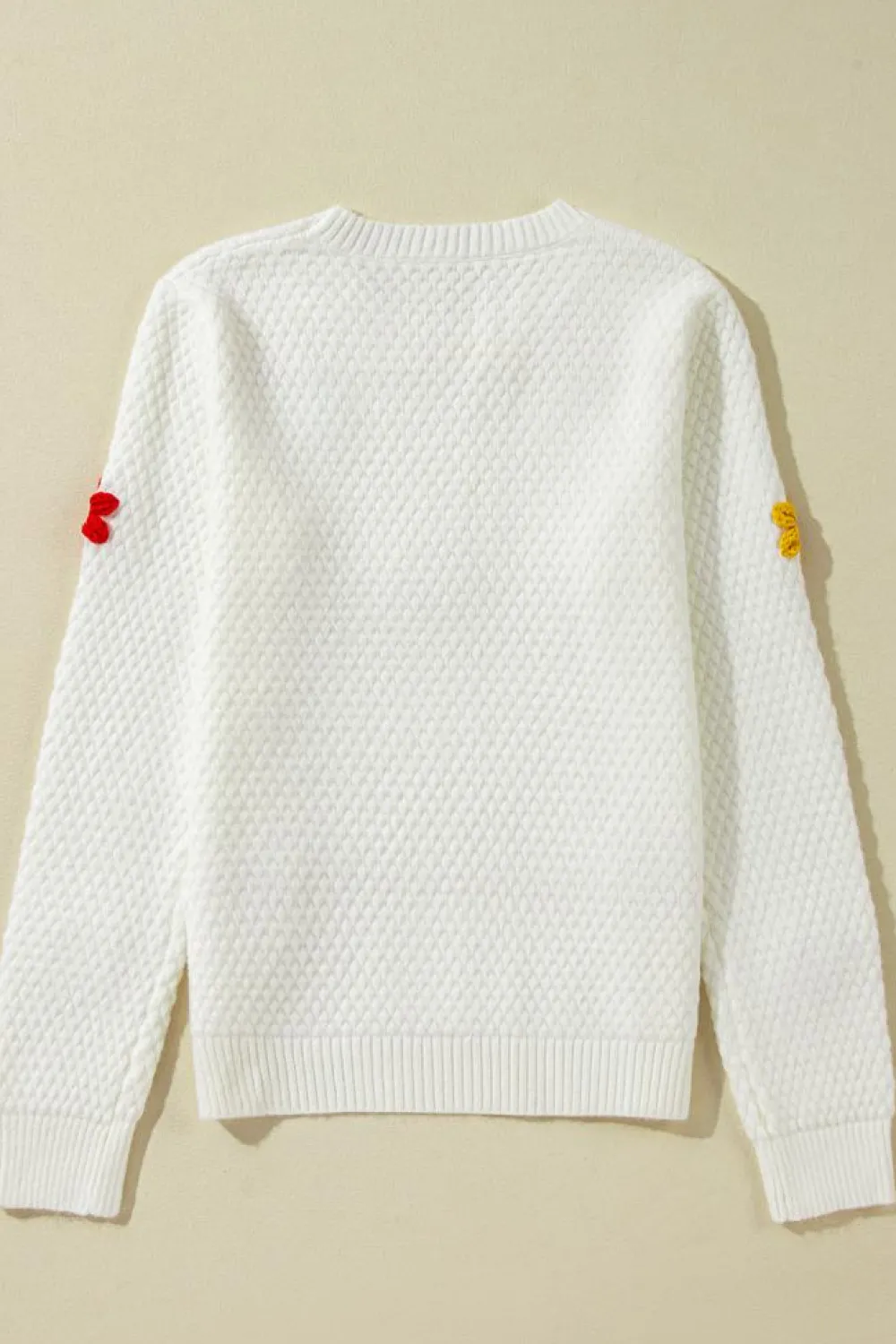 Best Dear-Lover Colorful Flower Applique Textured Knit Sweater White