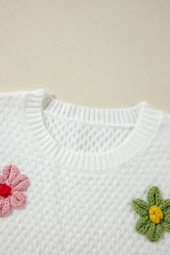 Best Dear-Lover Colorful Flower Applique Textured Knit Sweater White