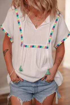 Fashion Dear-Lover Colorful Fringed Detail Tassel Tie Neck Short Sleeve Blouse White