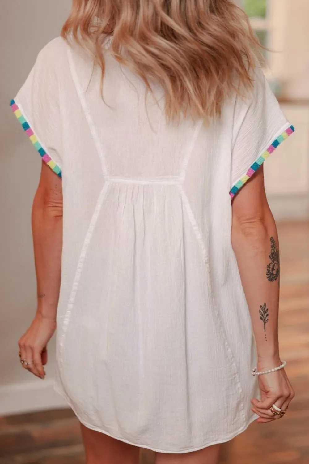 Fashion Dear-Lover Colorful Fringed Detail Tassel Tie Neck Short Sleeve Blouse White