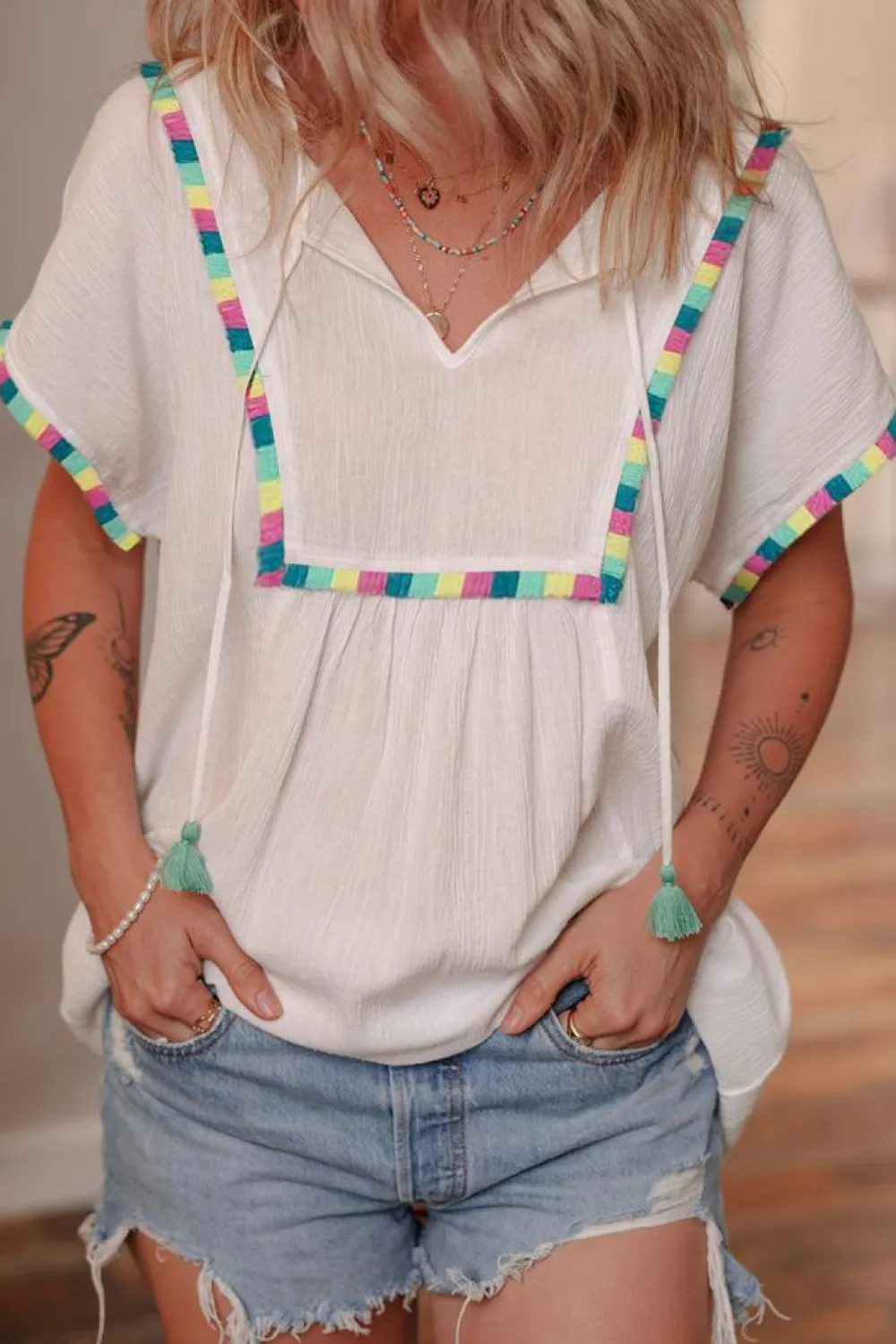 Fashion Dear-Lover Colorful Fringed Detail Tassel Tie Neck Short Sleeve Blouse White