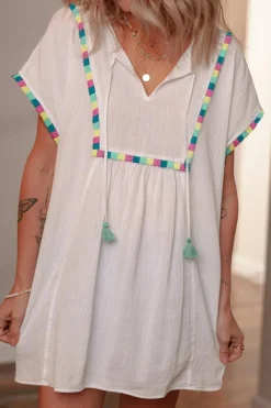 Fashion Dear-Lover Colorful Fringed Detail Tassel Tie Neck Short Sleeve Blouse White