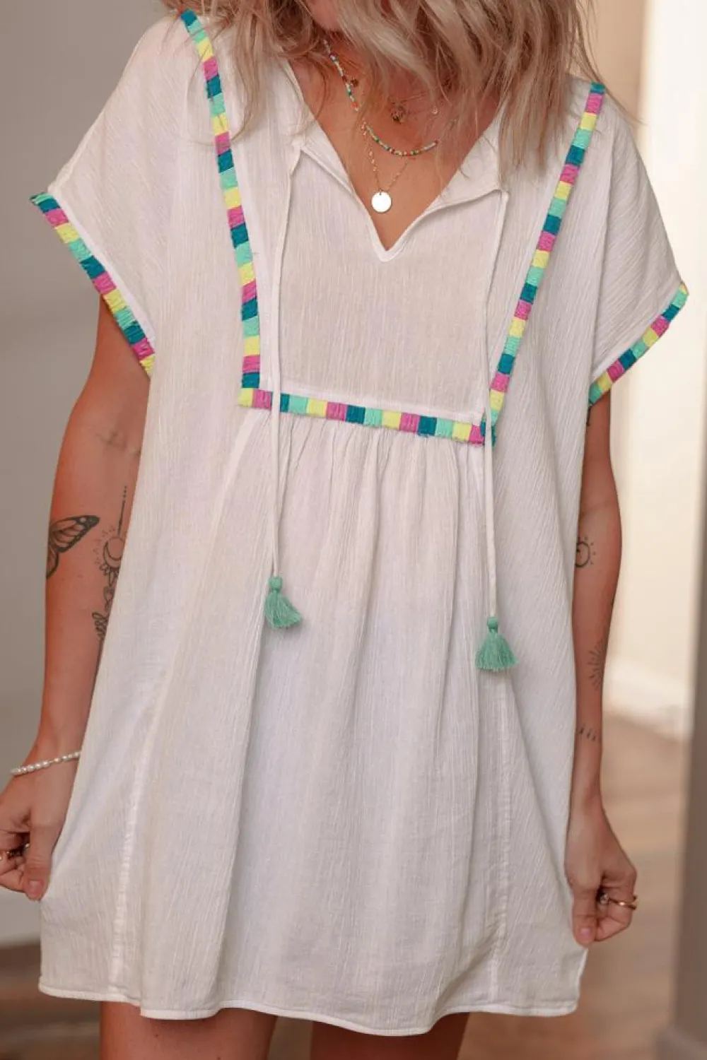 Fashion Dear-Lover Colorful Fringed Detail Tassel Tie Neck Short Sleeve Blouse White
